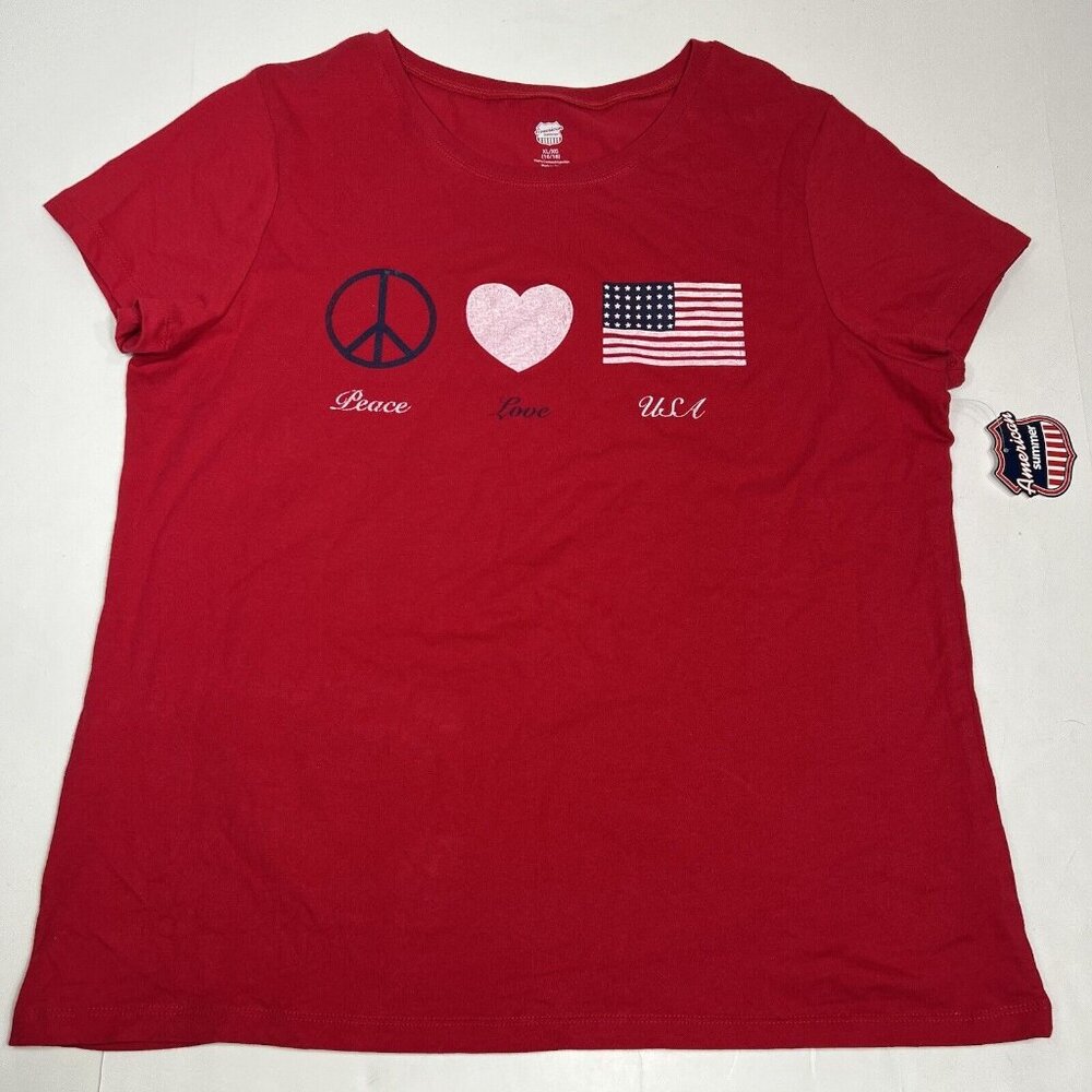 American Summer Women Red Tshirt Size XL 16/18 Peace Love USA Flag Heart NWT - Picture 4 of 12